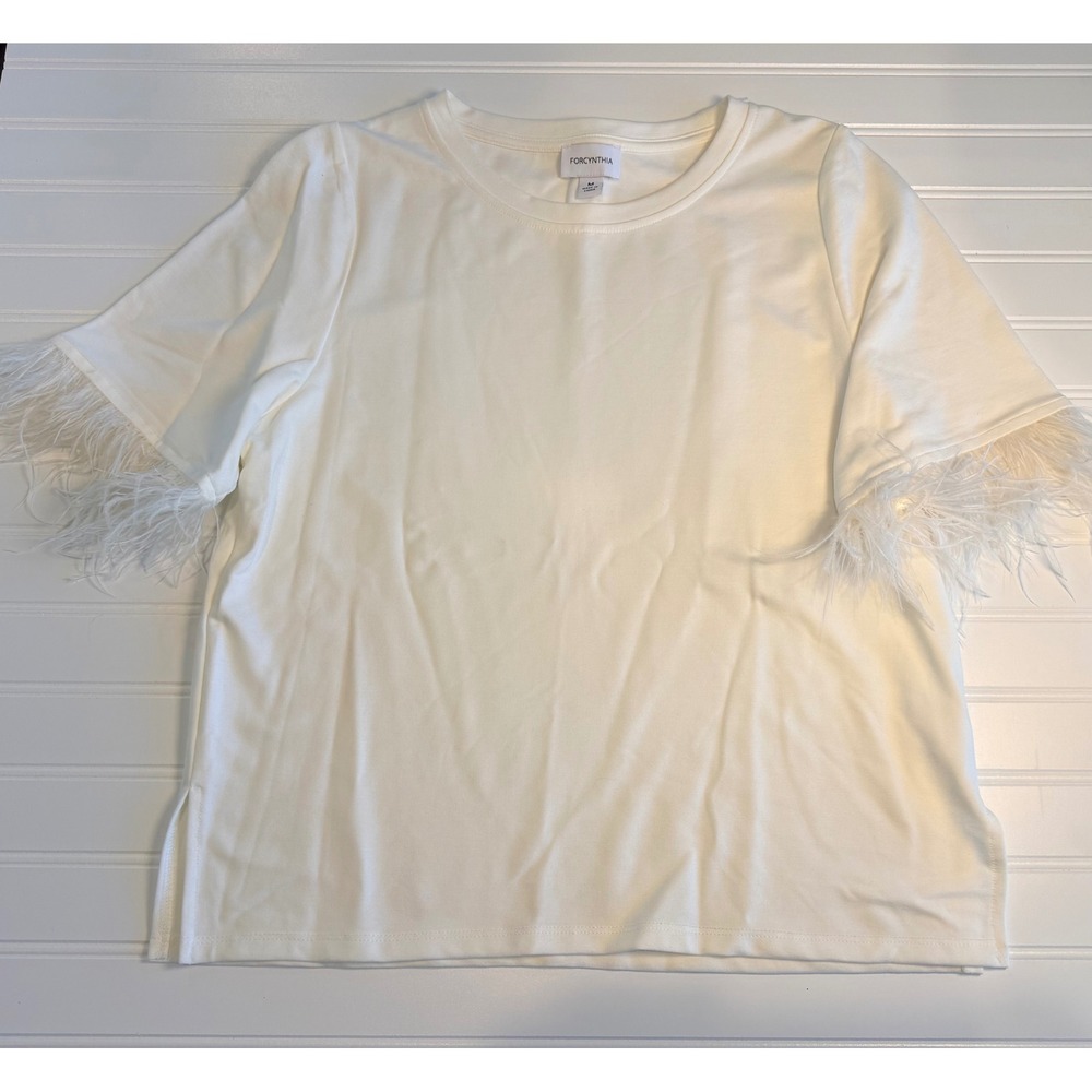 Forcynthia Ivory Feather Trim Short Sleeve Crew Neck Top Medium